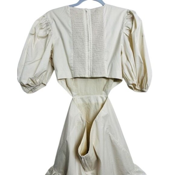 Keepsake Asymmetric Beige Short Puffy Sleeves Open Cut Waist Ruffled Hem Dress 8 - Picture 5 of 9